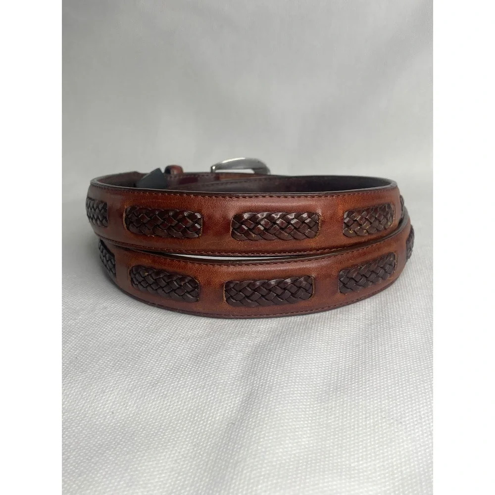 Vintage Brighton Woven Leather Belt Size 42 Western Brown Silver Tooled Buckle